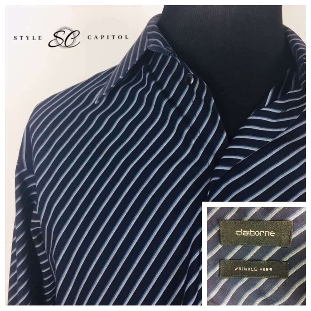 Claiborne Men's Gray Blue Striped Button Down LG